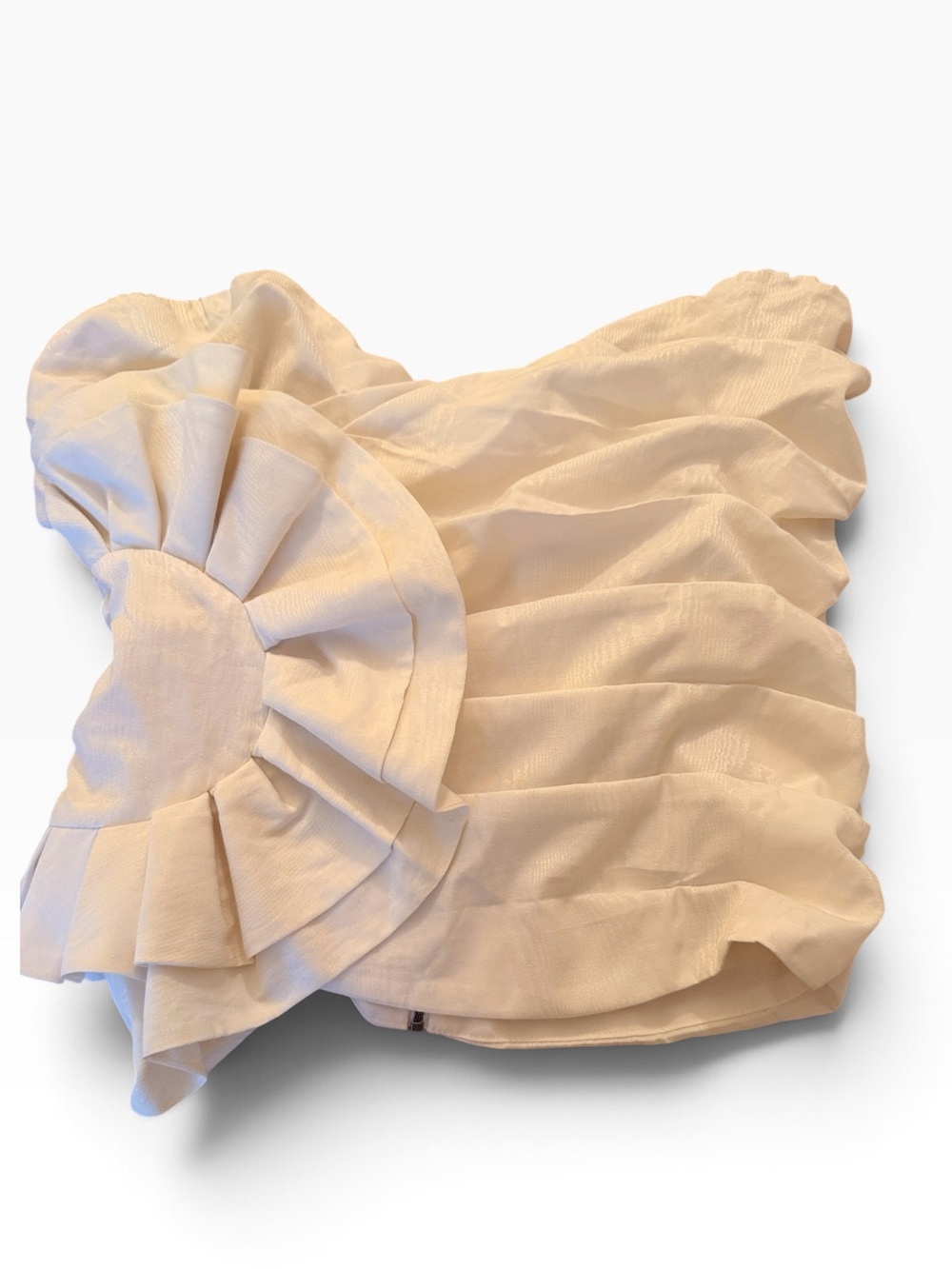 Express Cream Ruched Ruffle Bustier Strapless Top with Round Ruffle Side Accent